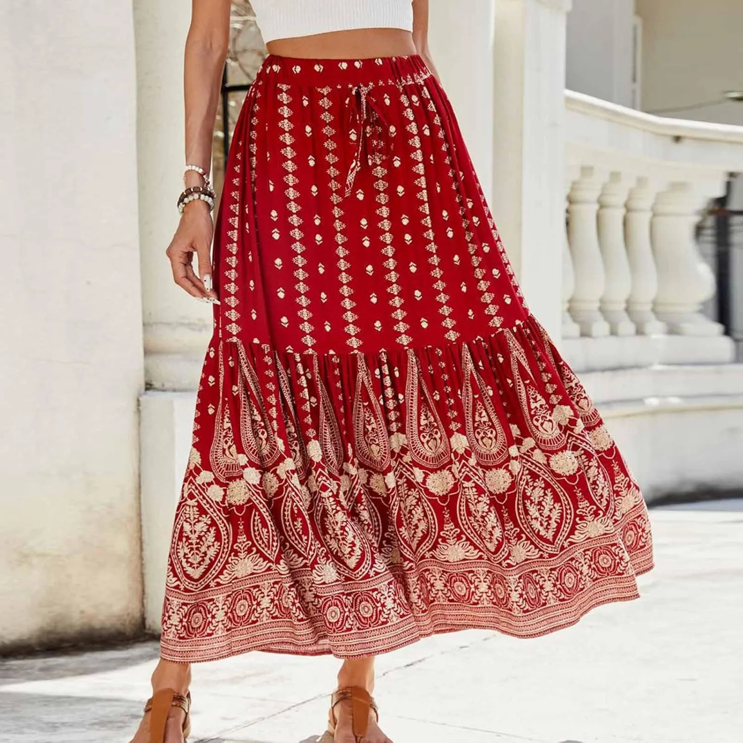 Women Vintage Print Flowy Long Skirt, Fashion High Waisted Drawstring A-Line Swing Skirts Summer Tiered Casual Clothes