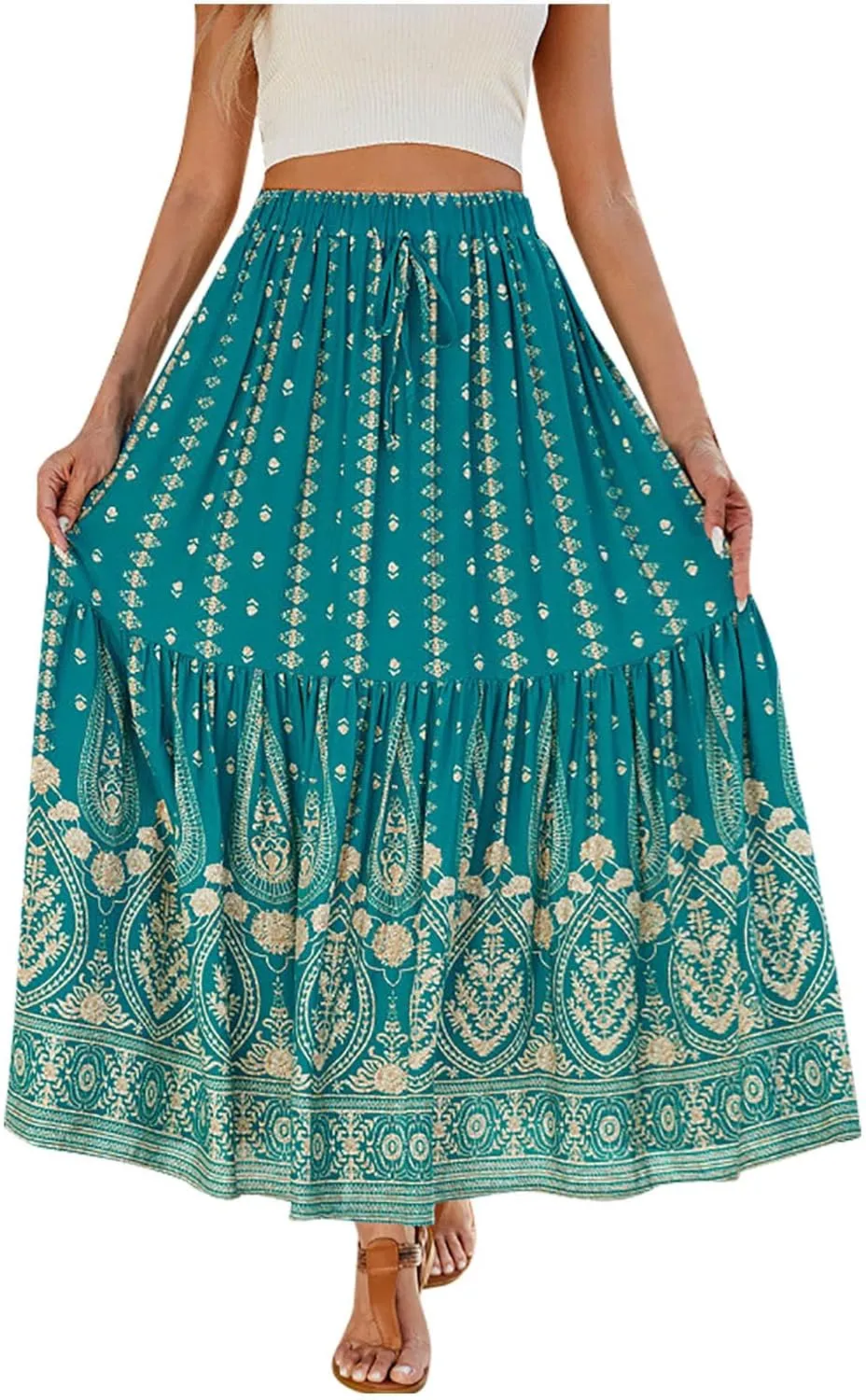 Women Vintage Print Flowy Long Skirt, Fashion High Waisted Drawstring A-Line Swing Skirts Summer Tiered Casual Clothes