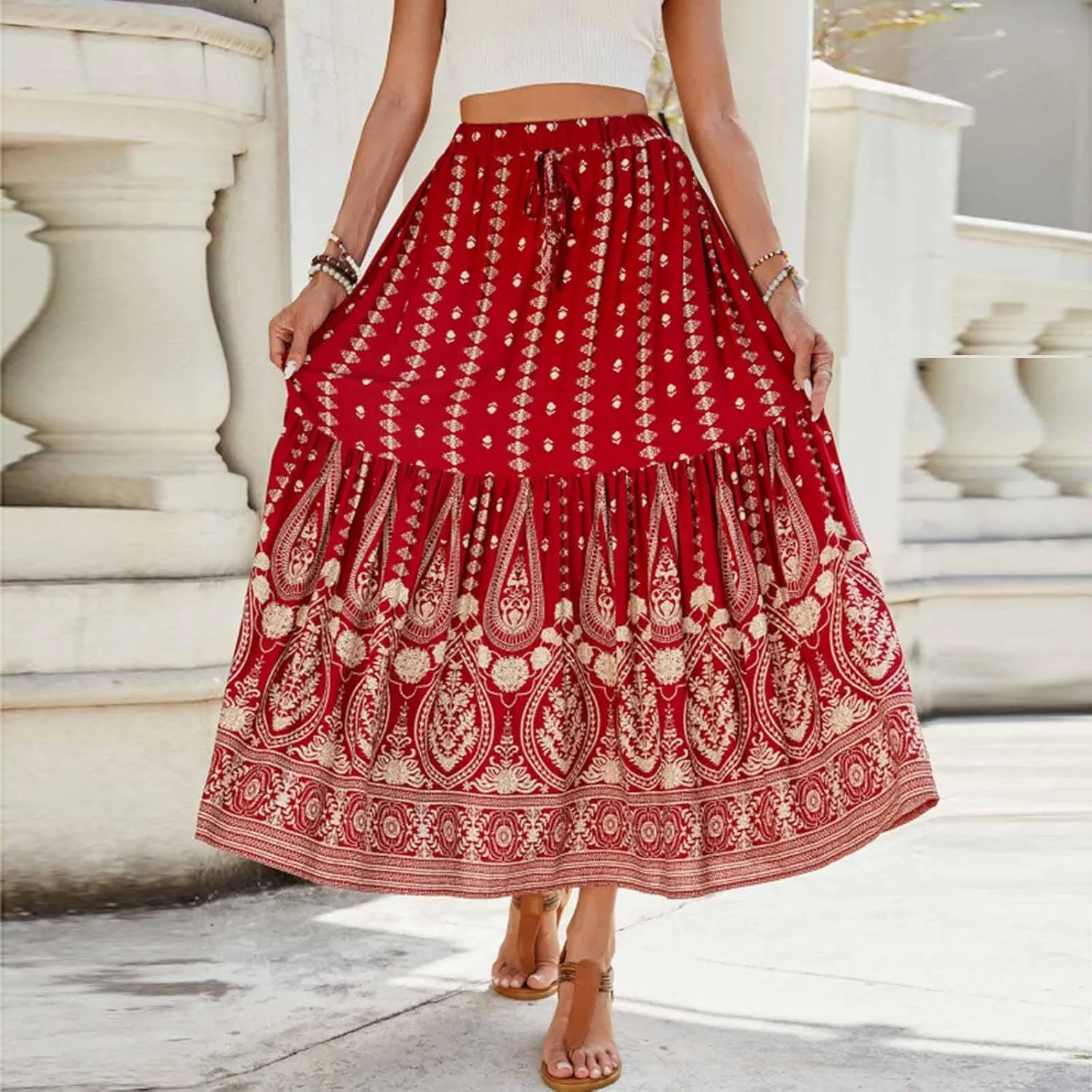 Women Vintage Print Flowy Long Skirt, Fashion High Waisted Drawstring A-Line Swing Skirts Summer Tiered Casual Clothes