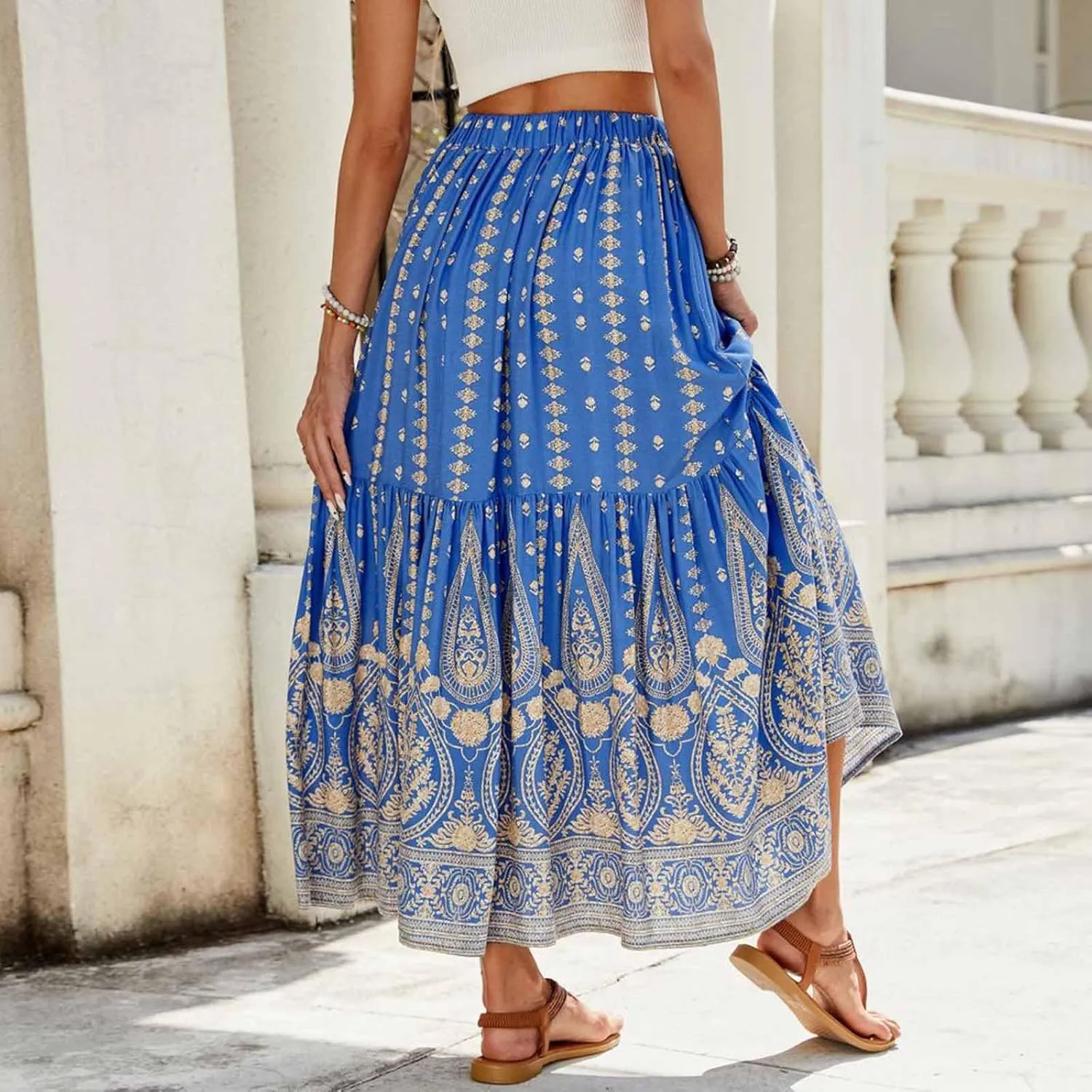 Women Vintage Print Flowy Long Skirt, Fashion High Waisted Drawstring A-Line Swing Skirts Summer Tiered Casual Clothes
