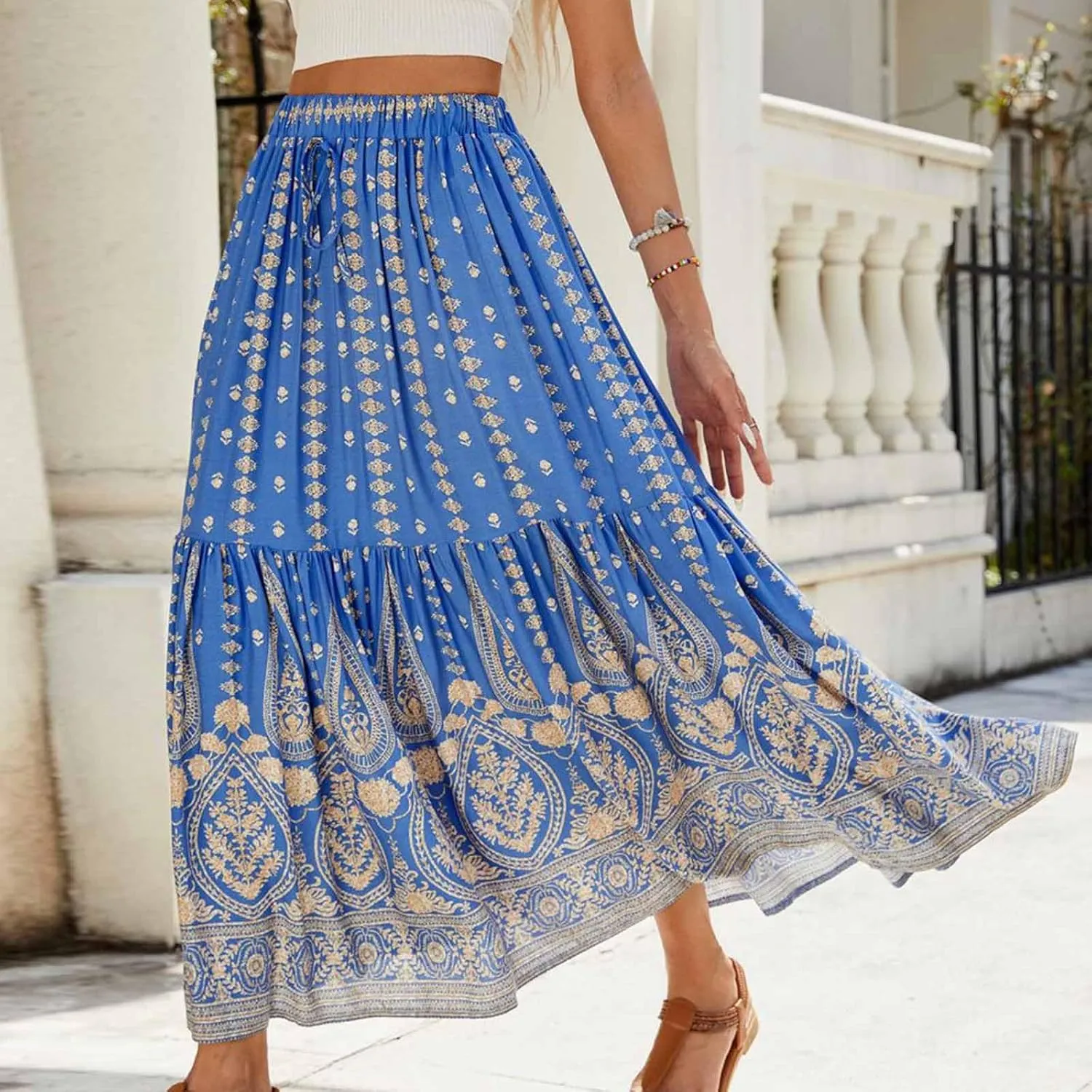 Women Vintage Print Flowy Long Skirt, Fashion High Waisted Drawstring A-Line Swing Skirts Summer Tiered Casual Clothes