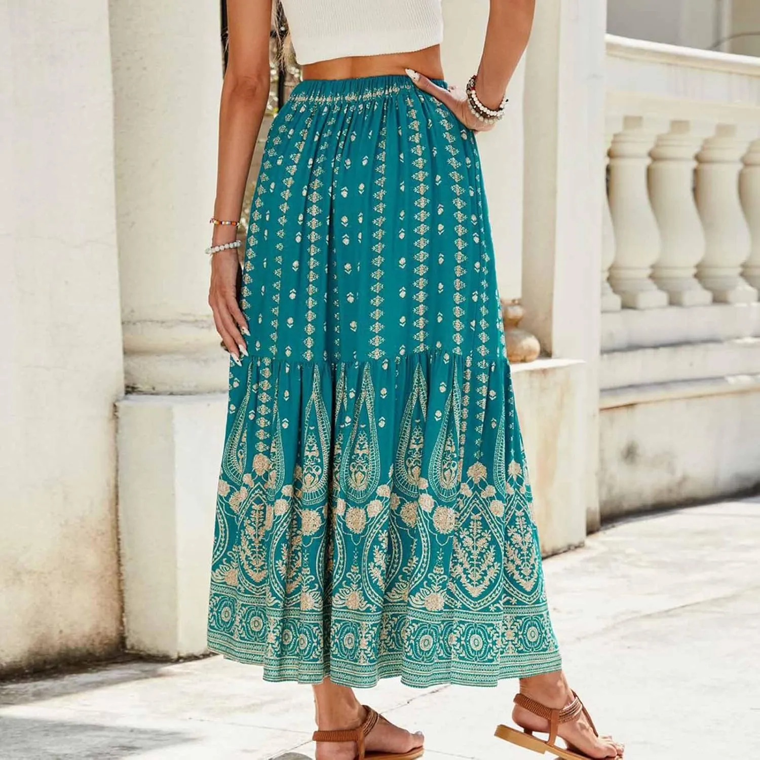 Women Vintage Print Flowy Long Skirt, Fashion High Waisted Drawstring A-Line Swing Skirts Summer Tiered Casual Clothes
