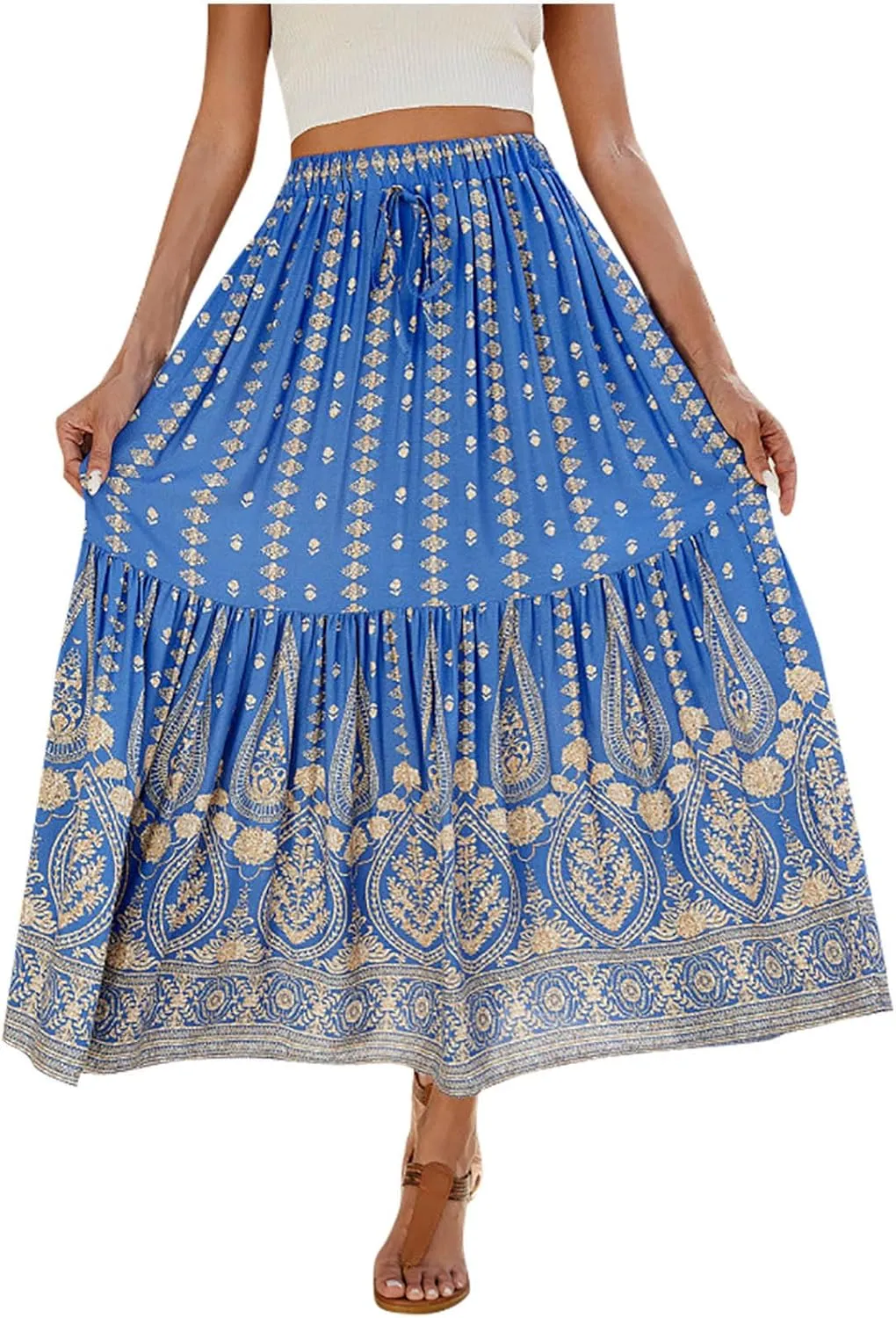 Women Vintage Print Flowy Long Skirt, Fashion High Waisted Drawstring A-Line Swing Skirts Summer Tiered Casual Clothes