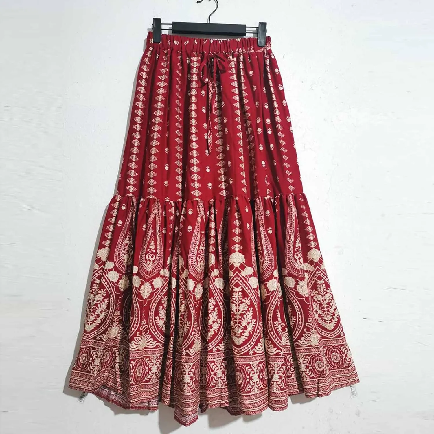 Women Vintage Print Flowy Long Skirt, Fashion High Waisted Drawstring A-Line Swing Skirts Summer Tiered Casual Clothes