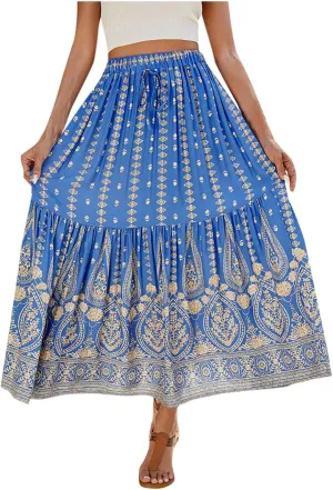 Women Vintage Print Flowy Long Skirt, Fashion High Waisted Drawstring A-Line Swing Skirts Summer Tiered Casual Clothes