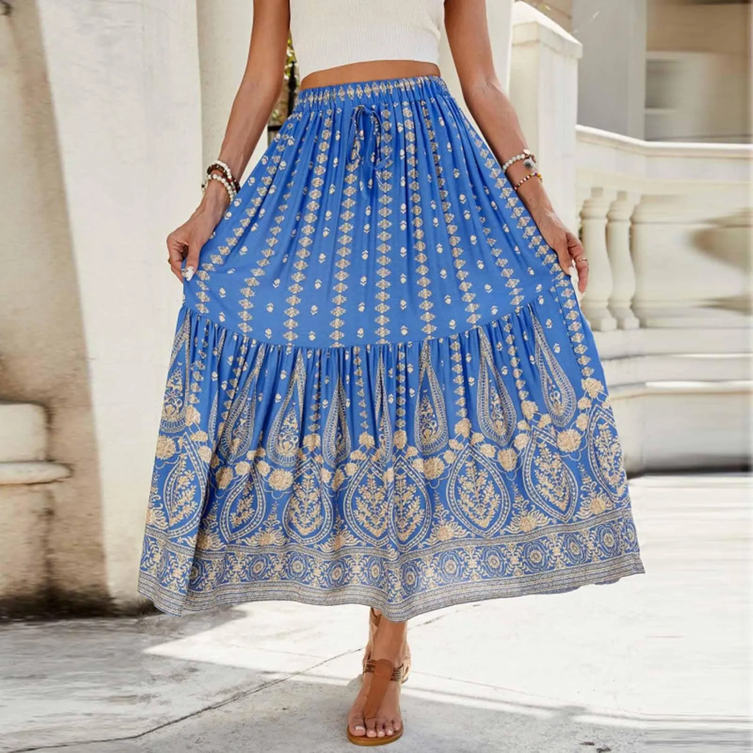 Women Vintage Print Flowy Long Skirt, Fashion High Waisted Drawstring A-Line Swing Skirts Summer Tiered Casual Clothes
