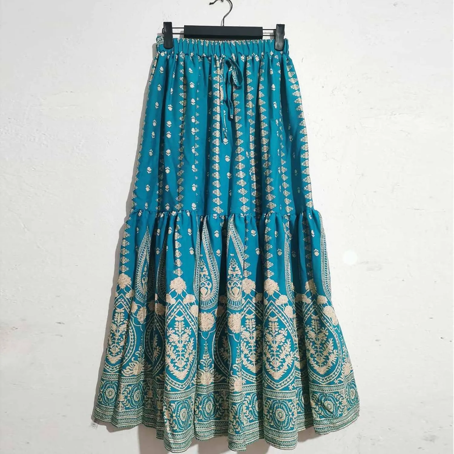 Women Vintage Print Flowy Long Skirt, Fashion High Waisted Drawstring A-Line Swing Skirts Summer Tiered Casual Clothes