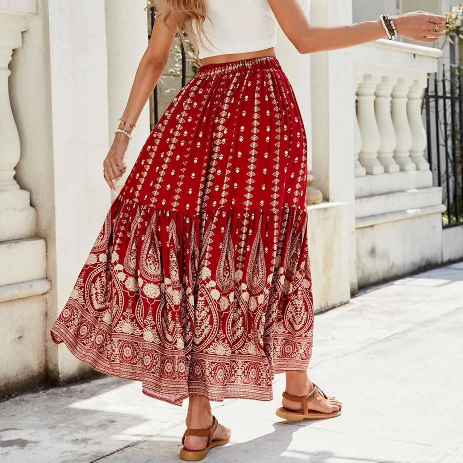 Women Vintage Print Flowy Long Skirt, Fashion High Waisted Drawstring A-Line Swing Skirts Summer Tiered Casual Clothes