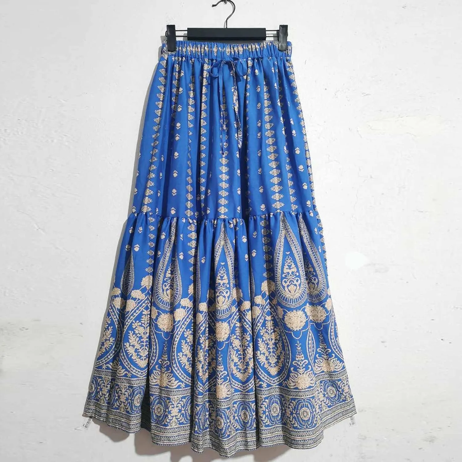 Women Vintage Print Flowy Long Skirt, Fashion High Waisted Drawstring A-Line Swing Skirts Summer Tiered Casual Clothes