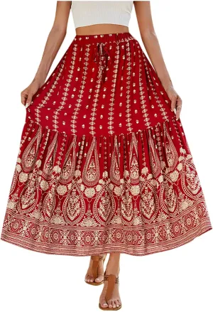 Women Vintage Print Flowy Long Skirt, Fashion High Waisted Drawstring A-Line Swing Skirts Summer Tiered Casual Clothes