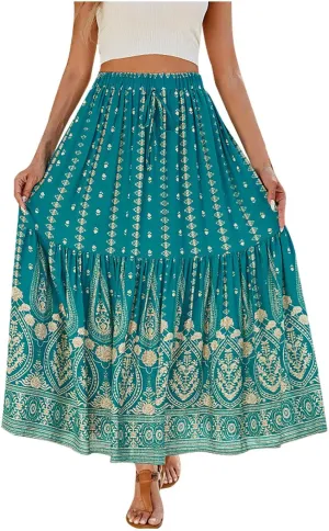 Women Vintage Print Flowy Long Skirt, Fashion High Waisted Drawstring A-Line Swing Skirts Summer Tiered Casual Clothes