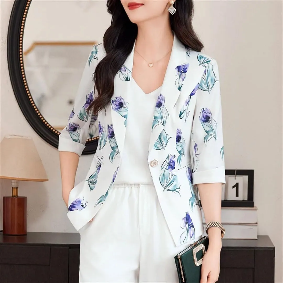 Women White Print Blazer Spring Summer Professional Slim Half Sleeve Jacket Office Ladies Work Coat