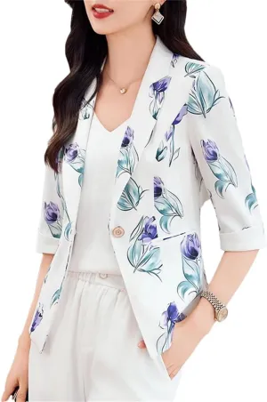 Women White Print Blazer Spring Summer Professional Slim Half Sleeve Jacket Office Ladies Work Coat