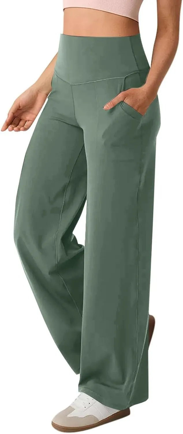 Women Wide Leg Yoga Pants with Pockets Stretch Straight Leg Dress Pants Tummy Control Flare Leggings Athletic Pant