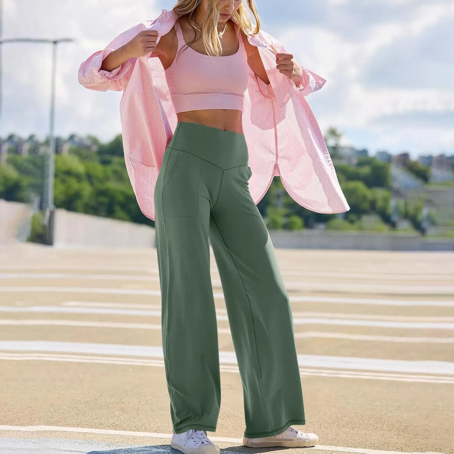 Women Wide Leg Yoga Pants with Pockets Stretch Straight Leg Dress Pants Tummy Control Flare Leggings Athletic Pant