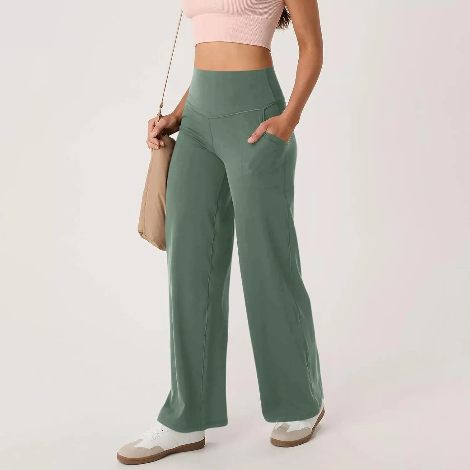 Women Wide Leg Yoga Pants with Pockets Stretch Straight Leg Dress Pants Tummy Control Flare Leggings Athletic Pant