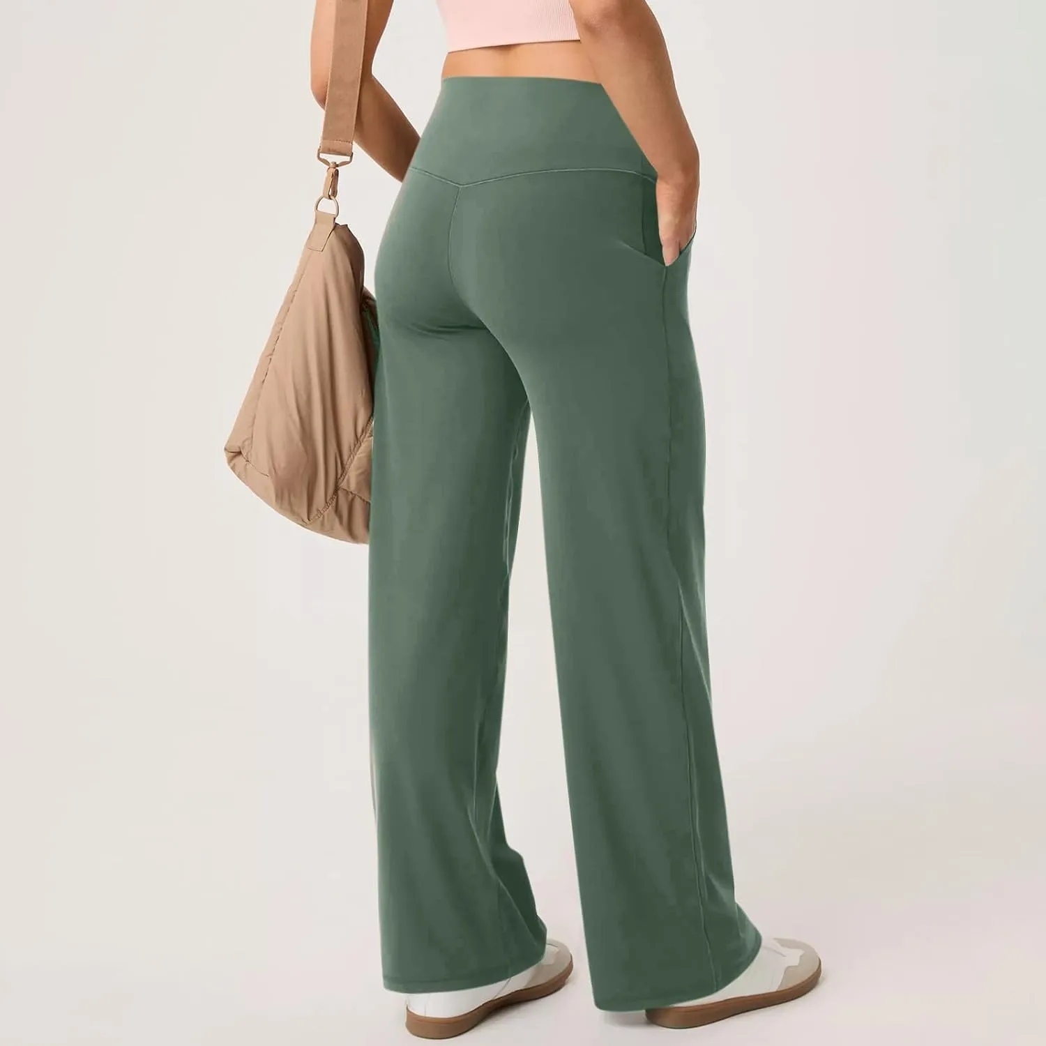 Women Wide Leg Yoga Pants with Pockets Stretch Straight Leg Dress Pants Tummy Control Flare Leggings Athletic Pant