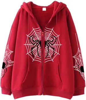 Women Zip Up Y2k Oversized Hoodie Spider Graphic Full Zipper Sweatshirt Teen Girls Grunge Streetwear Jacket