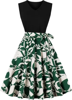 Women's 1950s Vintage Print Cocktail Dress Sleeveless Patchwork A-Line Flowy Swing Dress Retro Hepburn Style Sundress
