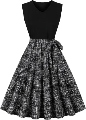 Women's 1950s Vintage Print Cocktail Dress Sleeveless Patchwork A-Line Flowy Swing Dress Retro Hepburn Style Sundress