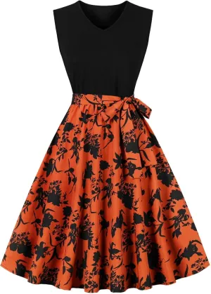 Women's 1950s Vintage Print Cocktail Dress Sleeveless Patchwork A-Line Flowy Swing Dress Retro Hepburn Style Sundress