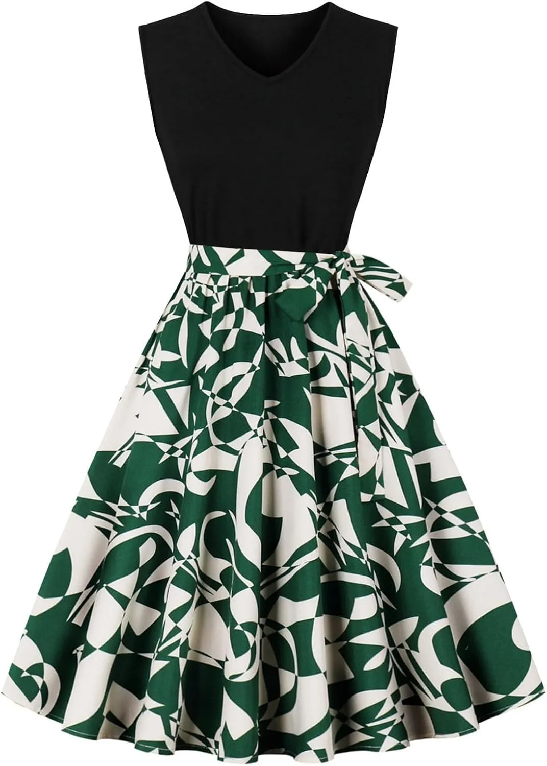 Women's 1950s Vintage Print Cocktail Dress Sleeveless Patchwork A-Line Flowy Swing Dress Retro Hepburn Style Sundress