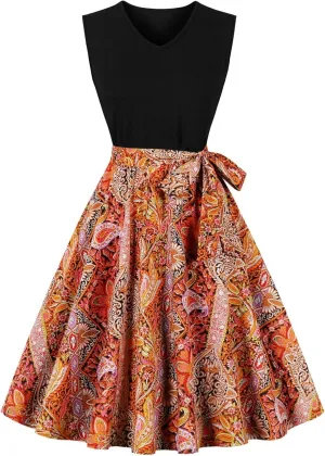 Women's 1950s Vintage Print Cocktail Dress Sleeveless Patchwork A-Line Flowy Swing Dress Retro Hepburn Style Sundress