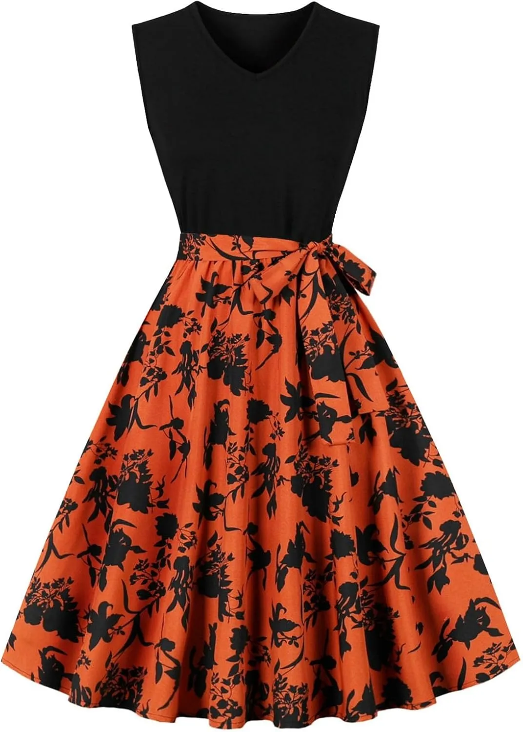 Women's 1950s Vintage Print Cocktail Dress Sleeveless Patchwork A-Line Flowy Swing Dress Retro Hepburn Style Sundress