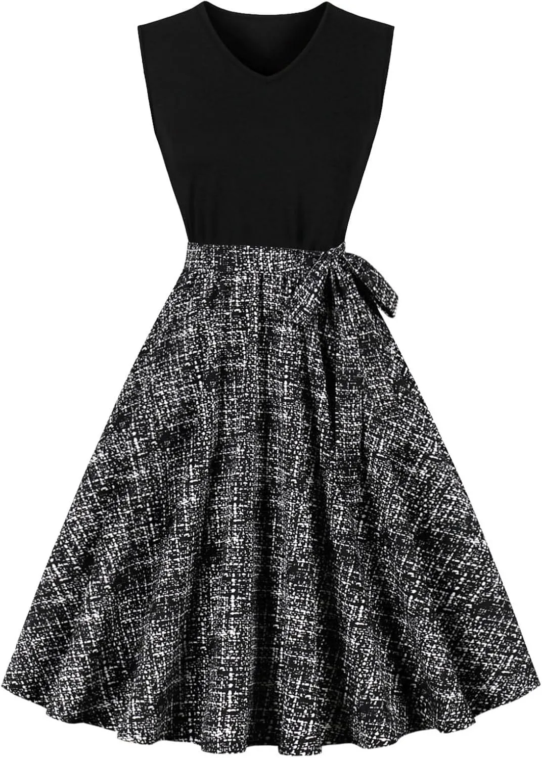 Women's 1950s Vintage Print Cocktail Dress Sleeveless Patchwork A-Line Flowy Swing Dress Retro Hepburn Style Sundress