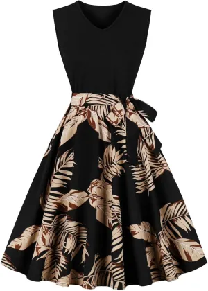 Women's 1950s Vintage Print Cocktail Dress Sleeveless Patchwork A-Line Flowy Swing Dress Retro Hepburn Style Sundress