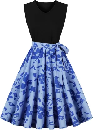 Women's 1950s Vintage Print Cocktail Dress Sleeveless Patchwork A-Line Flowy Swing Dress Retro Hepburn Style Sundress