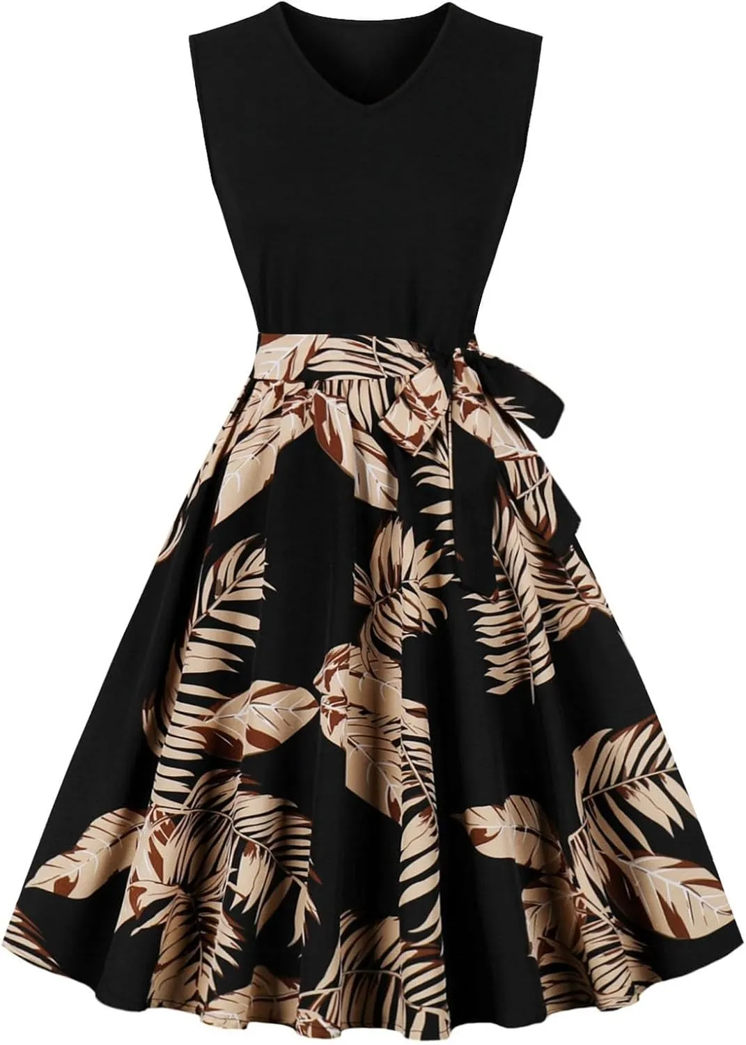Women's 1950s Vintage Print Cocktail Dress Sleeveless Patchwork A-Line Flowy Swing Dress Retro Hepburn Style Sundress