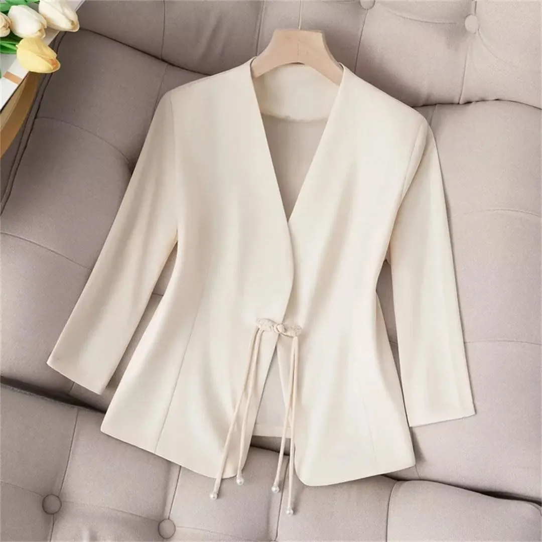 Women's 3/4 Sleeve Chinese Style Blazer Spring Summer Thin Suit Jacket