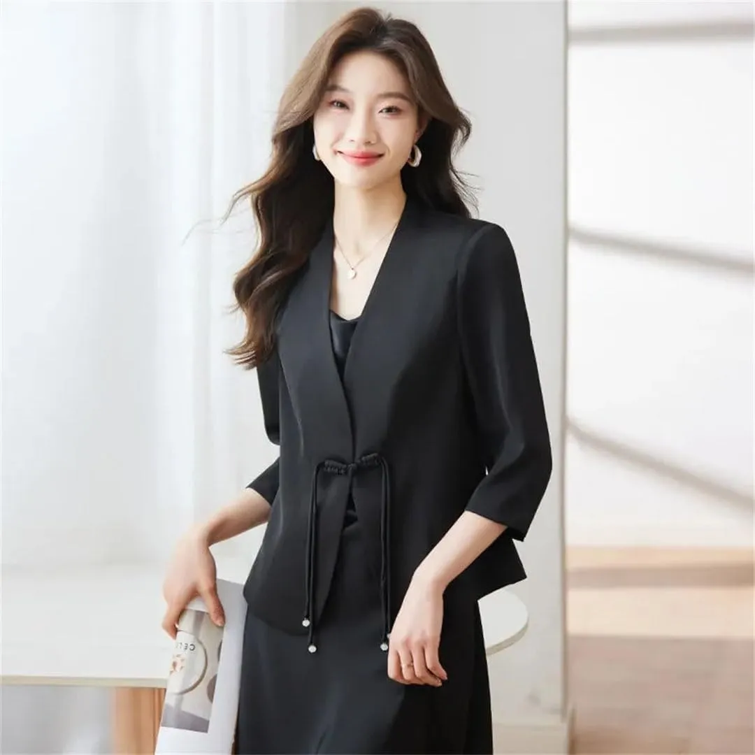 Women's 3/4 Sleeve Chinese Style Blazer Spring Summer Thin Suit Jacket