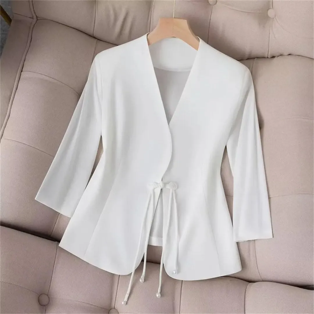 Women's 3/4 Sleeve Chinese Style Blazer Spring Summer Thin Suit Jacket