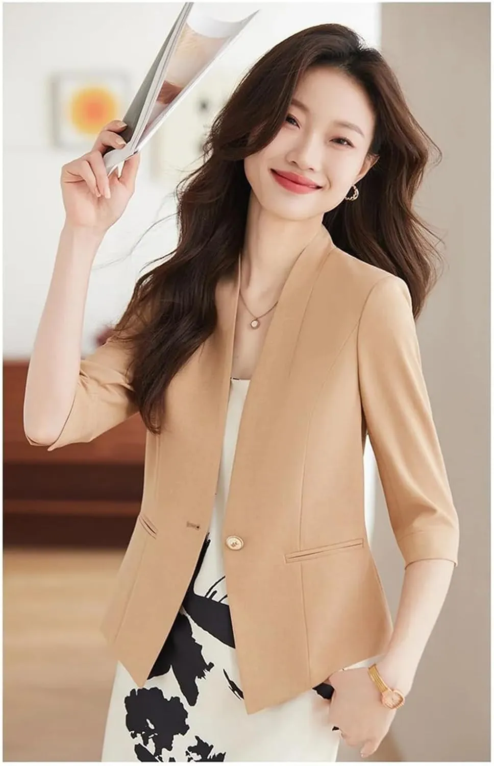 Women's 3/4 Sleeve Collarless Blazer Outerwear Spring Summer Casual Thin Suit Jackets Office Lady Blazer Coat
