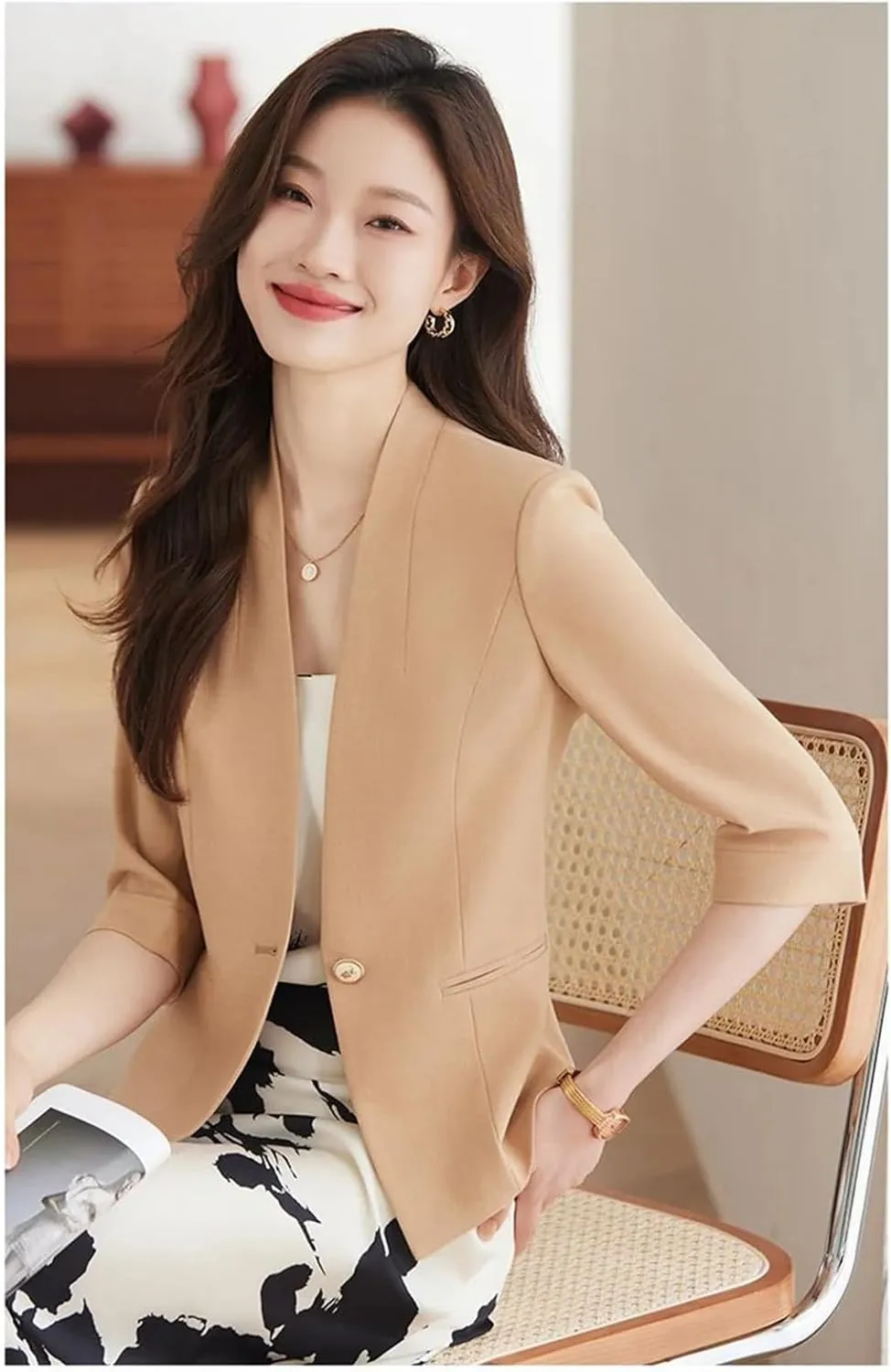 Women's 3/4 Sleeve Collarless Blazer Outerwear Spring Summer Casual Thin Suit Jackets Office Lady Blazer Coat