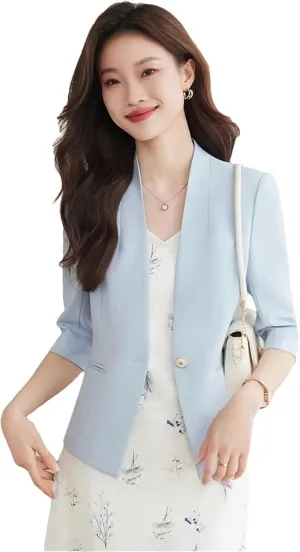 Women's 3/4 Sleeve Collarless Blazer Outerwear Spring Summer Casual Thin Suit Jackets Office Lady Blazer Coat