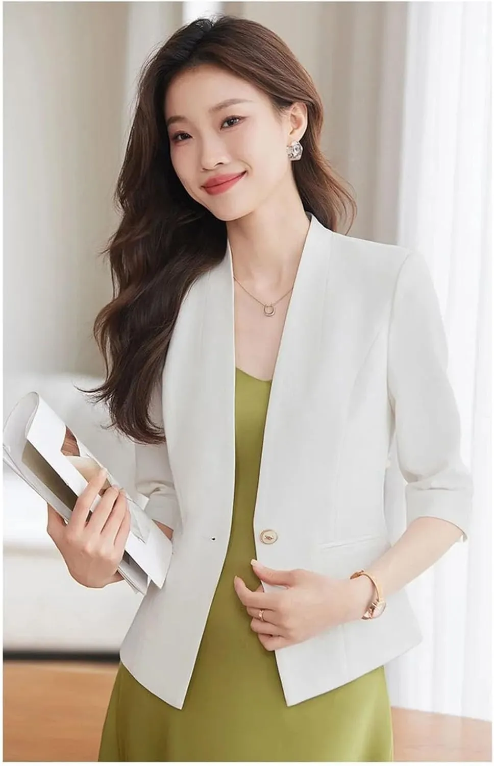 Women's 3/4 Sleeve Collarless Blazer Outerwear Spring Summer Casual Thin Suit Jackets Office Lady Blazer Coat