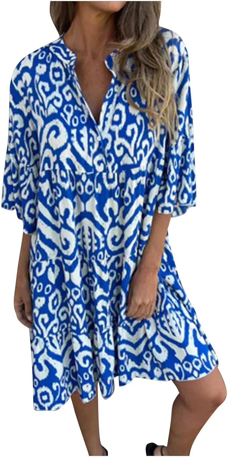 Women's 3/4 Sleeve Summer Flowy Midi Dress, Fashion Vintage Print Half Button Collar Loose Fit Vacation Clothes