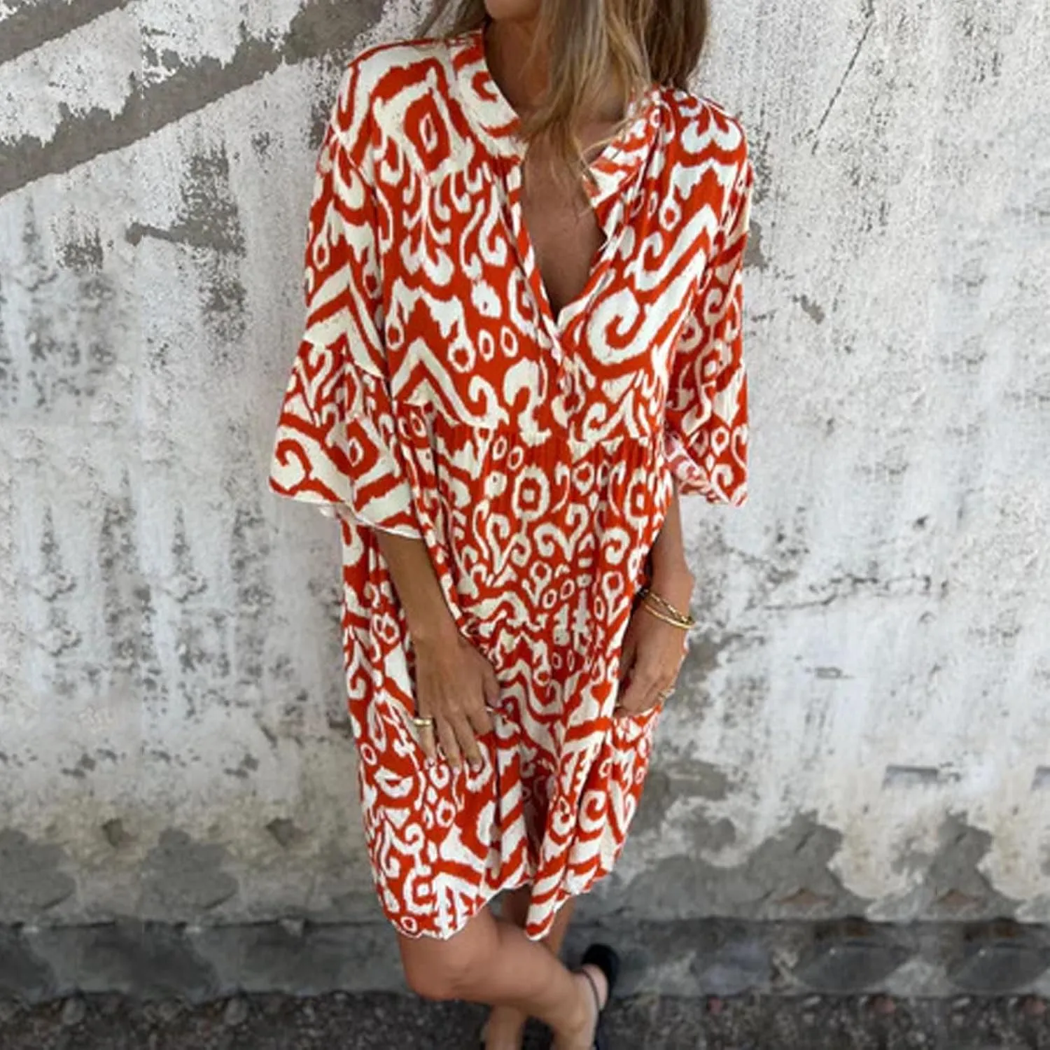 Women's 3/4 Sleeve Summer Flowy Midi Dress, Fashion Vintage Print Half Button Collar Loose Fit Vacation Clothes