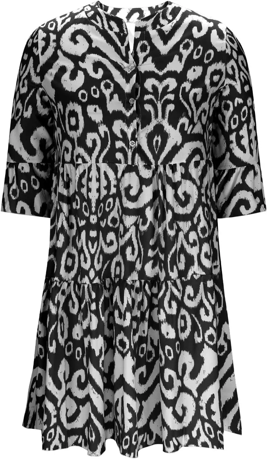 Women's 3/4 Sleeve Summer Flowy Midi Dress, Fashion Vintage Print Half Button Collar Loose Fit Vacation Clothes