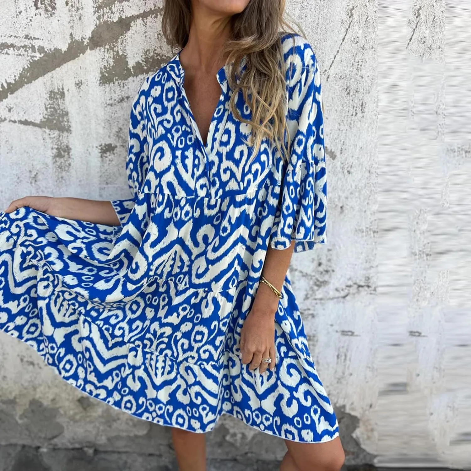 Women's 3/4 Sleeve Summer Flowy Midi Dress, Fashion Vintage Print Half Button Collar Loose Fit Vacation Clothes