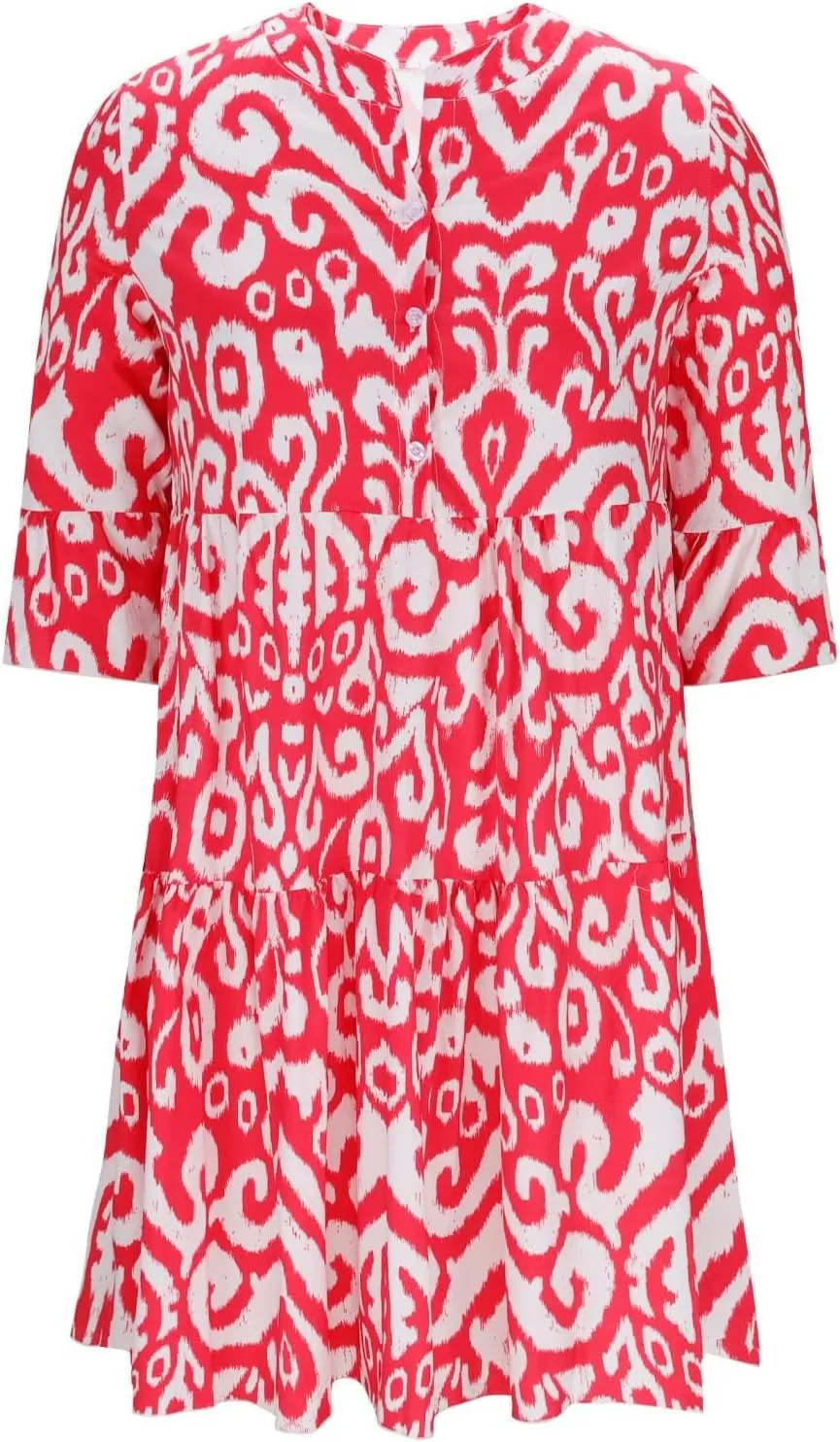 Women's 3/4 Sleeve Summer Flowy Midi Dress, Fashion Vintage Print Half Button Collar Loose Fit Vacation Clothes