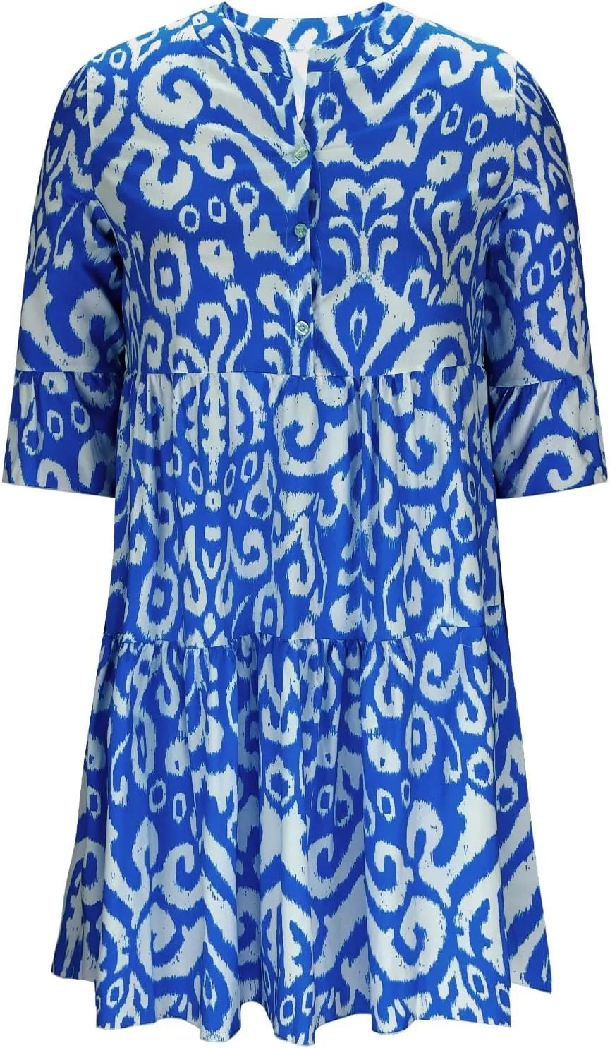 Women's 3/4 Sleeve Summer Flowy Midi Dress, Fashion Vintage Print Half Button Collar Loose Fit Vacation Clothes