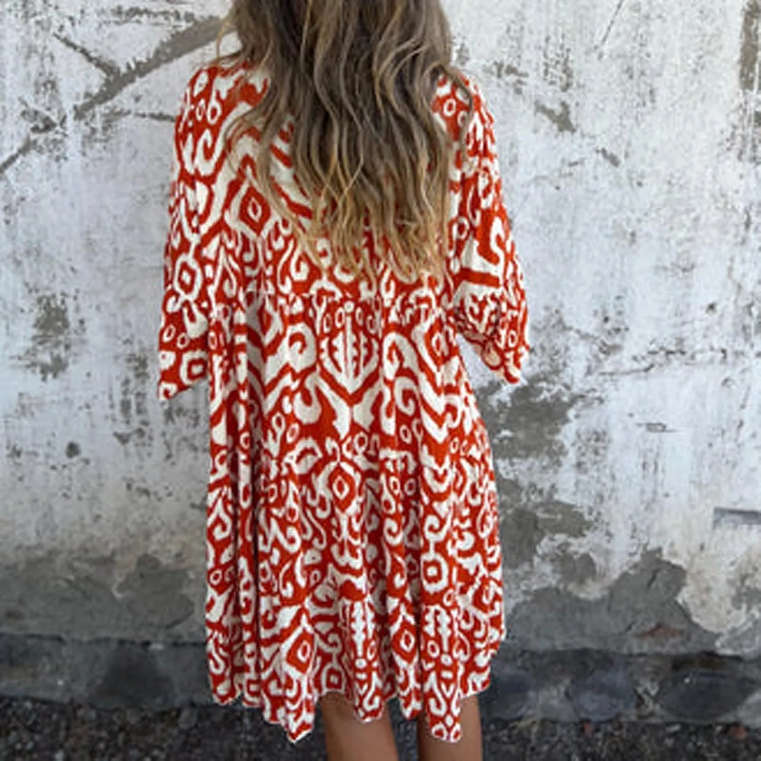 Women's 3/4 Sleeve Summer Flowy Midi Dress, Fashion Vintage Print Half Button Collar Loose Fit Vacation Clothes