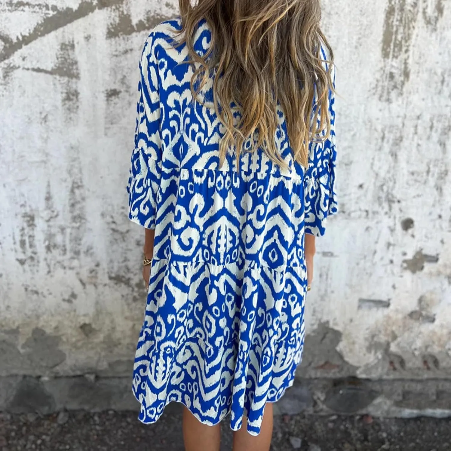 Women's 3/4 Sleeve Summer Flowy Midi Dress, Fashion Vintage Print Half Button Collar Loose Fit Vacation Clothes