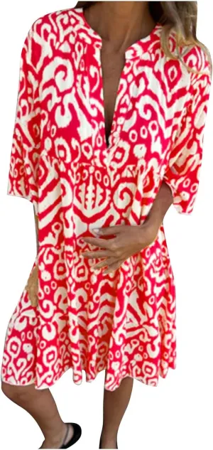 Women's 3/4 Sleeve Summer Flowy Midi Dress, Fashion Vintage Print Half Button Collar Loose Fit Vacation Clothes