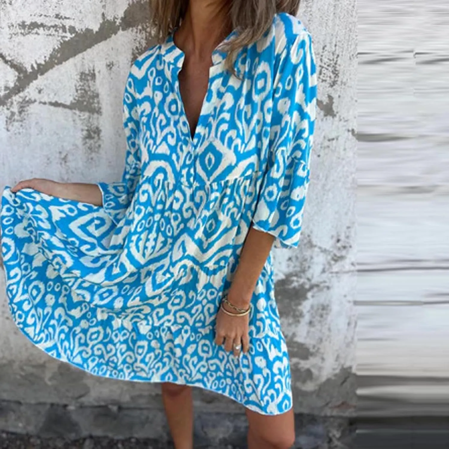 Women's 3/4 Sleeve Summer Flowy Midi Dress, Fashion Vintage Print Half Button Collar Loose Fit Vacation Clothes