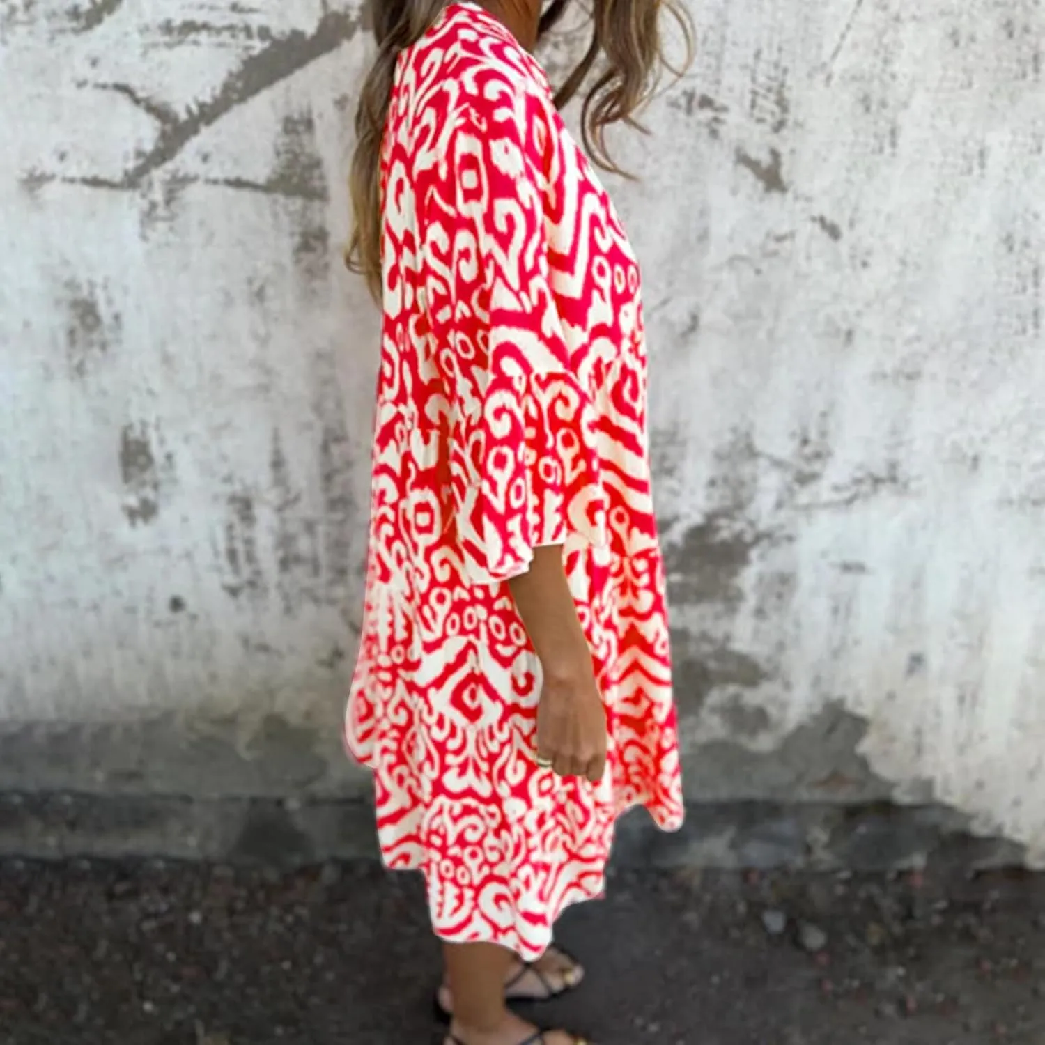 Women's 3/4 Sleeve Summer Flowy Midi Dress, Fashion Vintage Print Half Button Collar Loose Fit Vacation Clothes